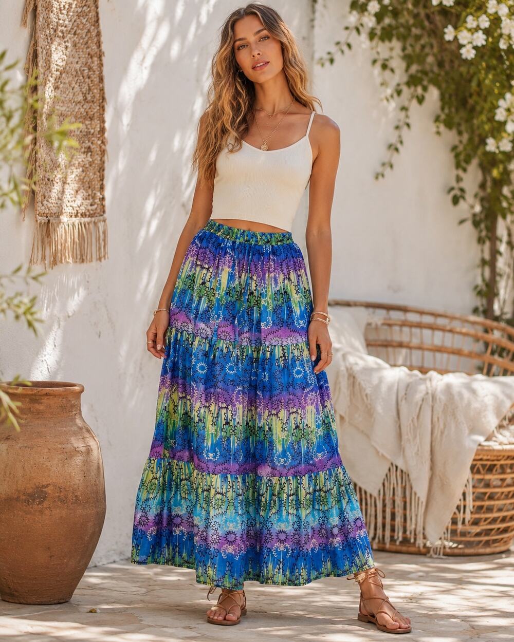 Vintage 90s Jane Ashley Purple Blue Green Tiered Maxi Skirt Womens S Festival